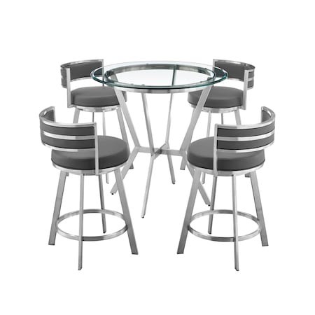 Armen Living Naomi and Roman 5-Piece Counter Height Dining Set in Brushed Stainless Steel and Gray Faux Leather SETNMRMGRBS5